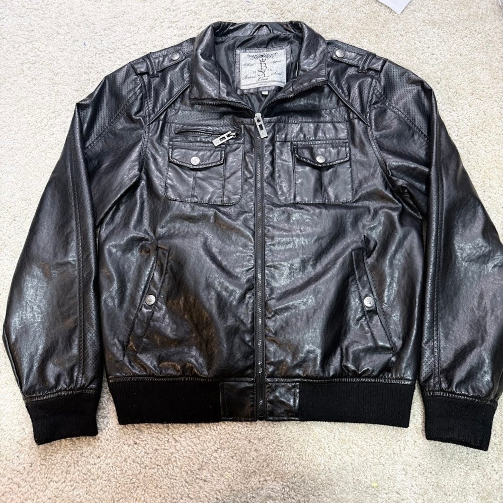 Brave Soul Luxe Black Faux Leather Bomber Jacket Multi-Pocket Mens Large Biker